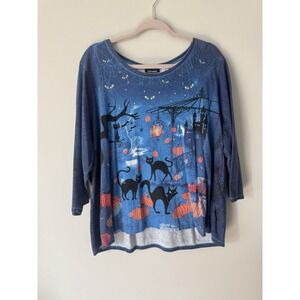Vtg Y2K Allover Graphic Halloween 3/4 Sleeve‎ Top Black Cat Studded Pumpkin 2XL